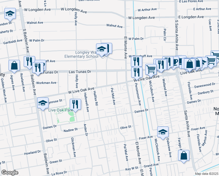 map of restaurants, bars, coffee shops, grocery stores, and more near 10562 Live Oak Avenue in Arcadia
