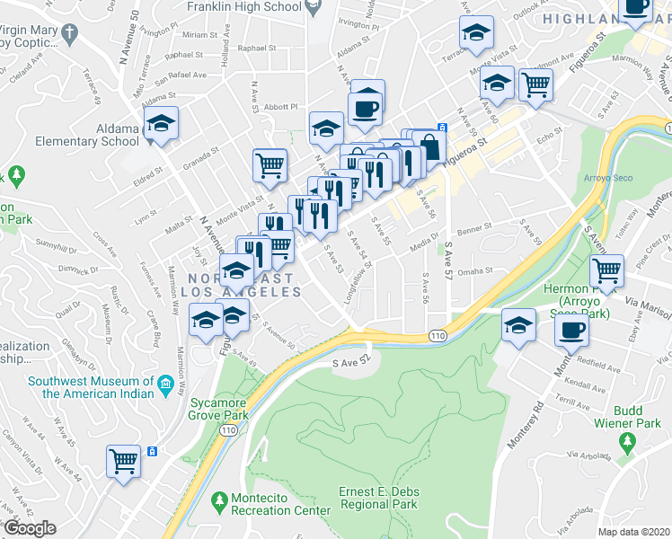 map of restaurants, bars, coffee shops, grocery stores, and more near 159 South Avenue 53 in Los Angeles