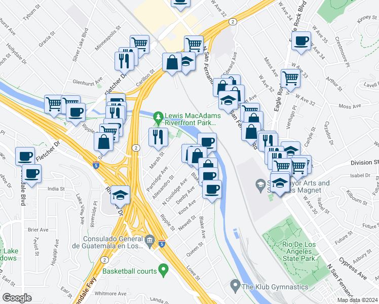 map of restaurants, bars, coffee shops, grocery stores, and more near 2957 Allesandro Street in Los Angeles