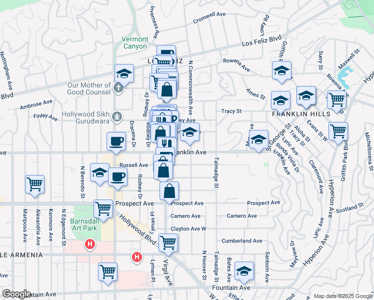 map of restaurants, bars, coffee shops, grocery stores, and more near 1901 North Commonwealth Avenue in Los Angeles