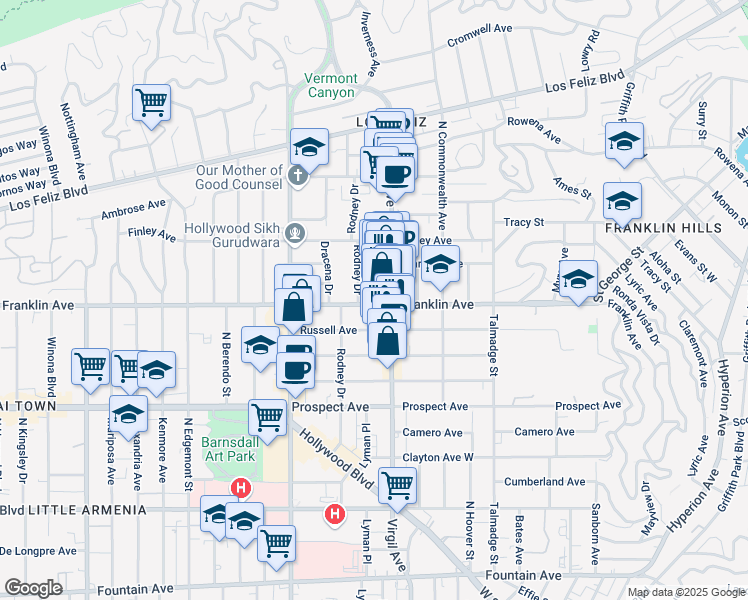 map of restaurants, bars, coffee shops, grocery stores, and more near 4521 1/2 Franklin Avenue in Los Angeles