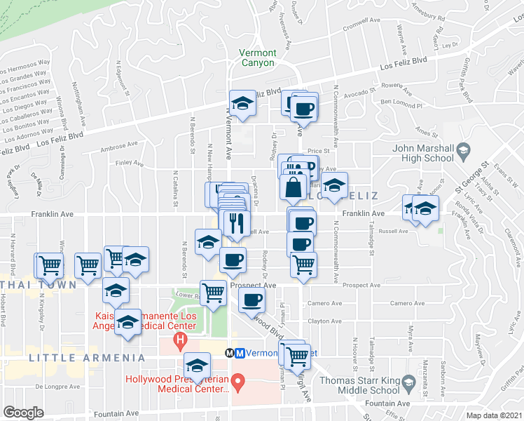map of restaurants, bars, coffee shops, grocery stores, and more near 1900 Dracena Drive in Los Angeles
