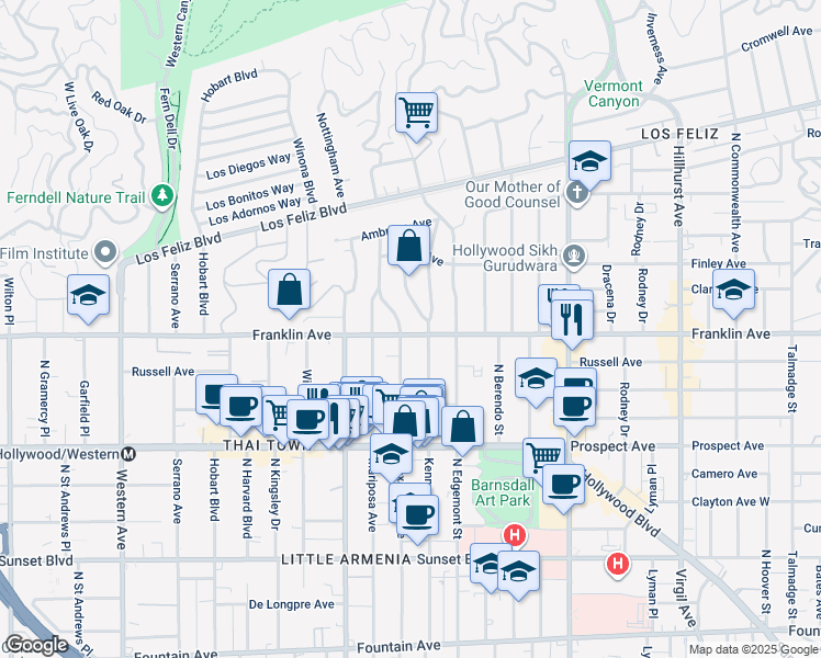 map of restaurants, bars, coffee shops, grocery stores, and more near 4953 Franklin Avenue in Los Angeles