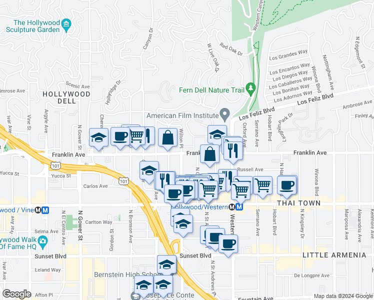 map of restaurants, bars, coffee shops, grocery stores, and more near 1900 North Gramercy Place in Los Angeles