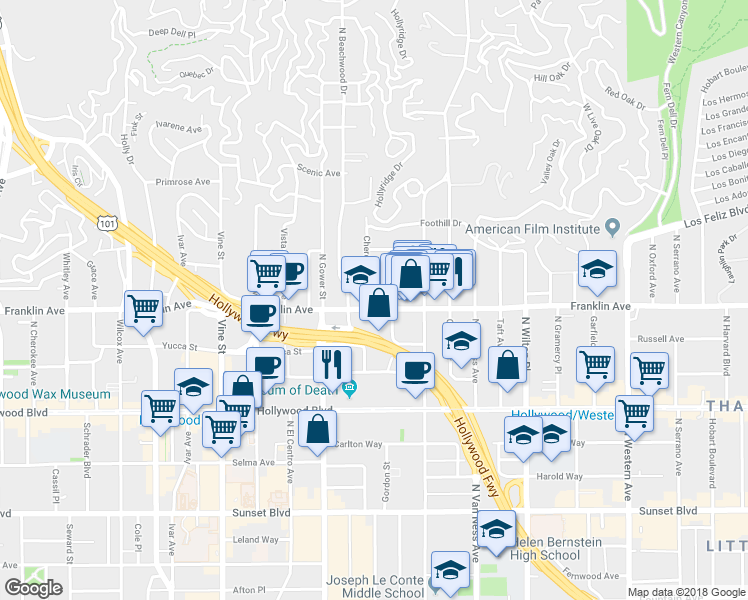 map of restaurants, bars, coffee shops, grocery stores, and more near 5973 Franklin Avenue in Los Angeles