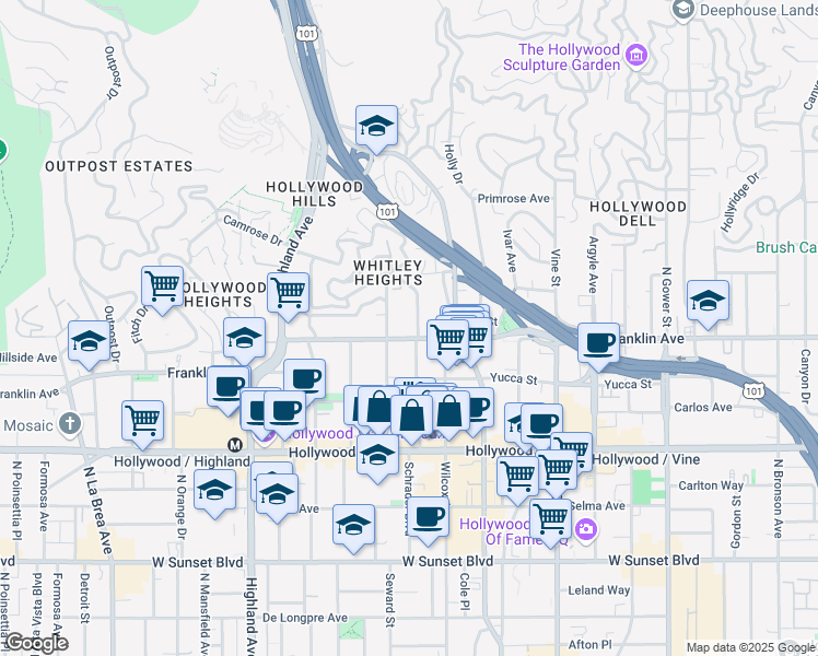 map of restaurants, bars, coffee shops, grocery stores, and more near 1900 Grace Avenue in Los Angeles