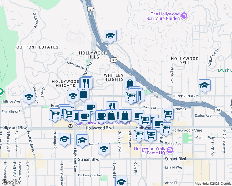 map of restaurants, bars, coffee shops, grocery stores, and more near in Los Angeles