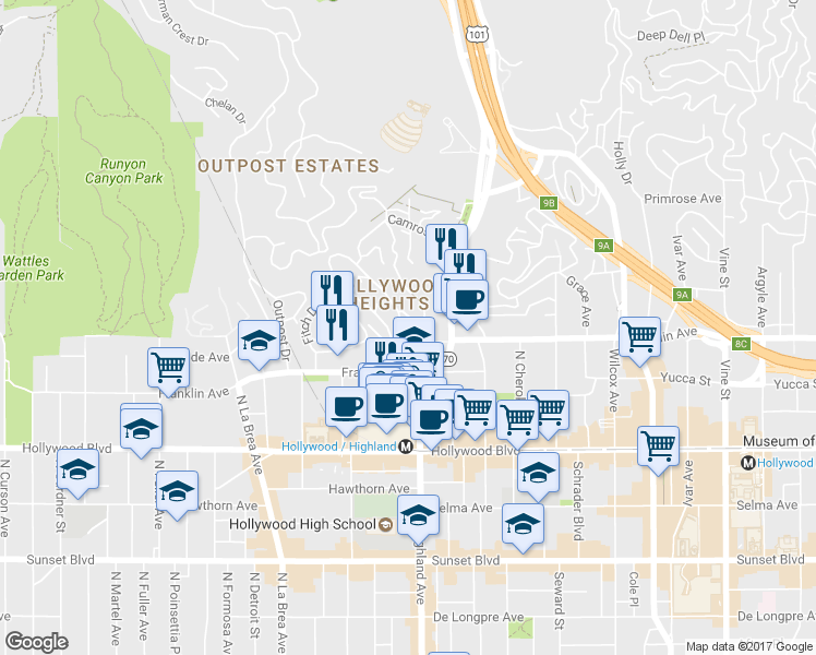 map of restaurants, bars, coffee shops, grocery stores, and more near 1925 Hillcrest Road in Los Angeles
