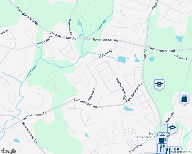 map of restaurants, bars, coffee shops, grocery stores, and more near 3165 Goldmist Drive in Buford