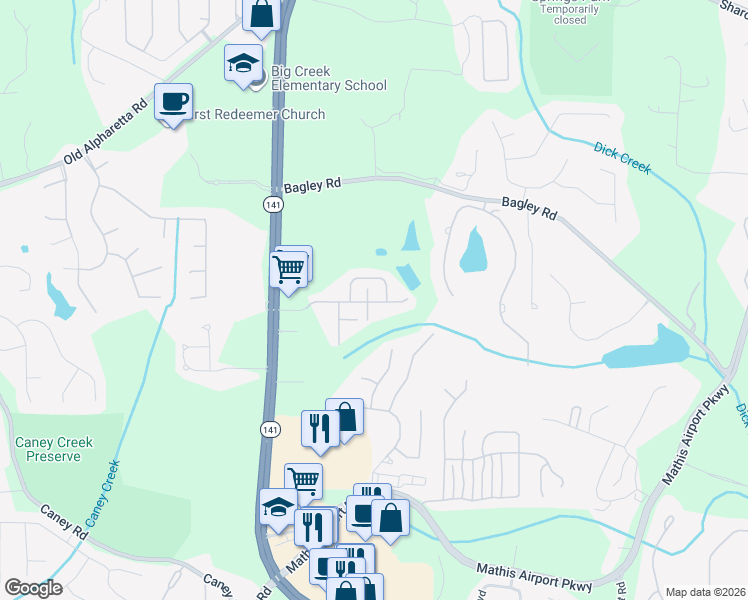 map of restaurants, bars, coffee shops, grocery stores, and more near 2610 Winfield Court in Cumming