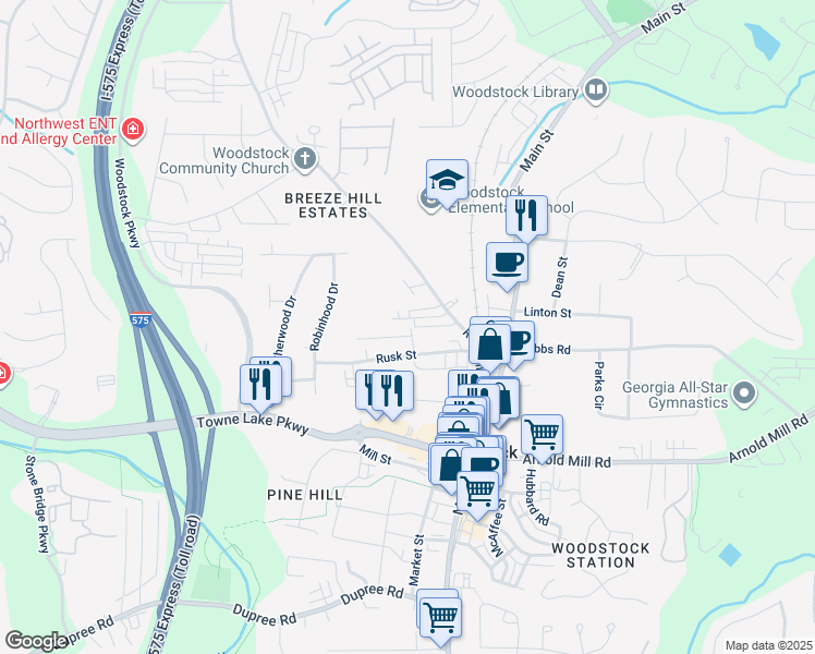 map of restaurants, bars, coffee shops, grocery stores, and more near 100 Clay Street in Woodstock