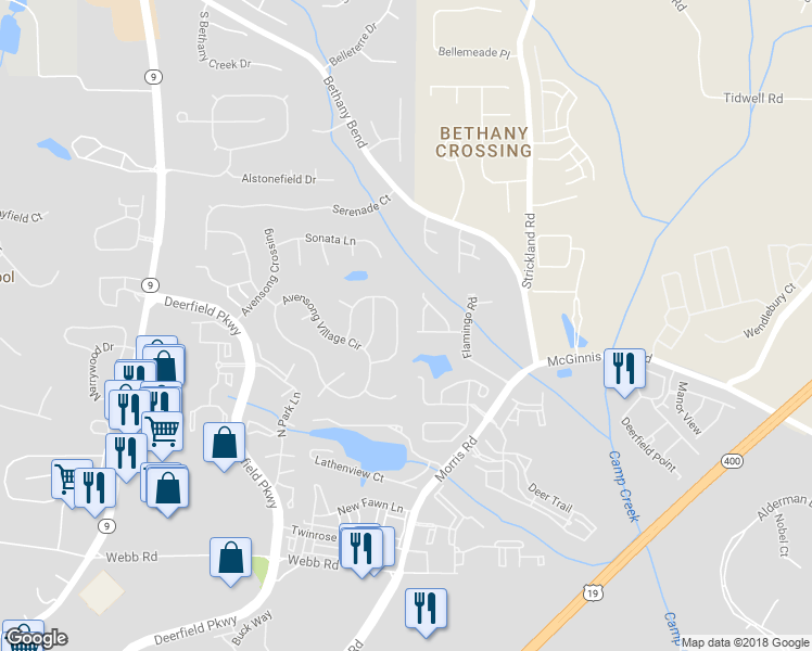map of restaurants, bars, coffee shops, grocery stores, and more near 13536 Aventide Lane in Alpharetta