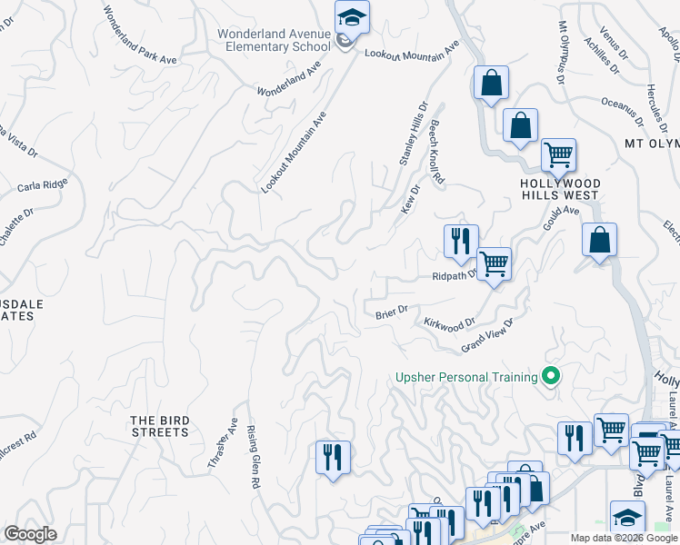 map of restaurants, bars, coffee shops, grocery stores, and more near 8760 Appian Way in West Hollywood