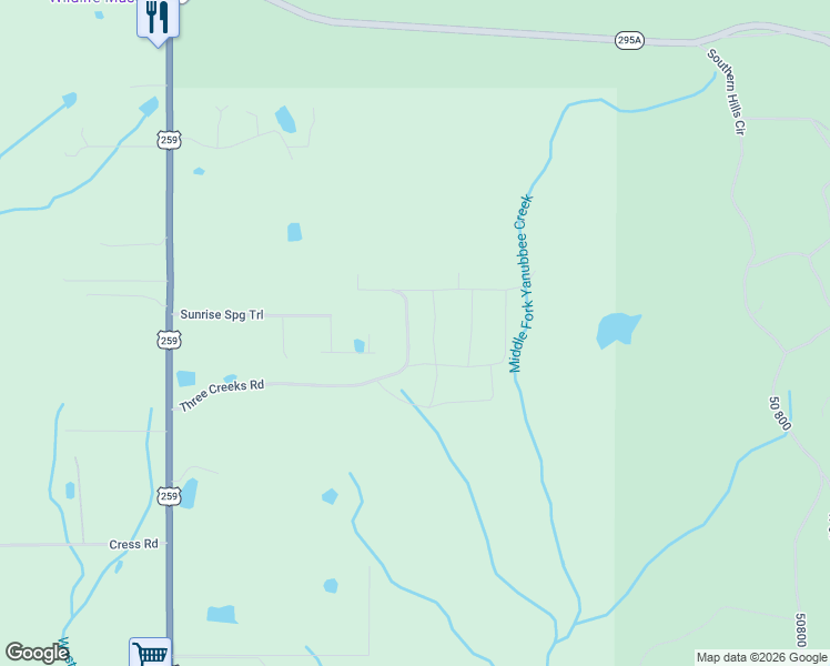map of restaurants, bars, coffee shops, grocery stores, and more near 640 Three Creeks Road in Broken Bow