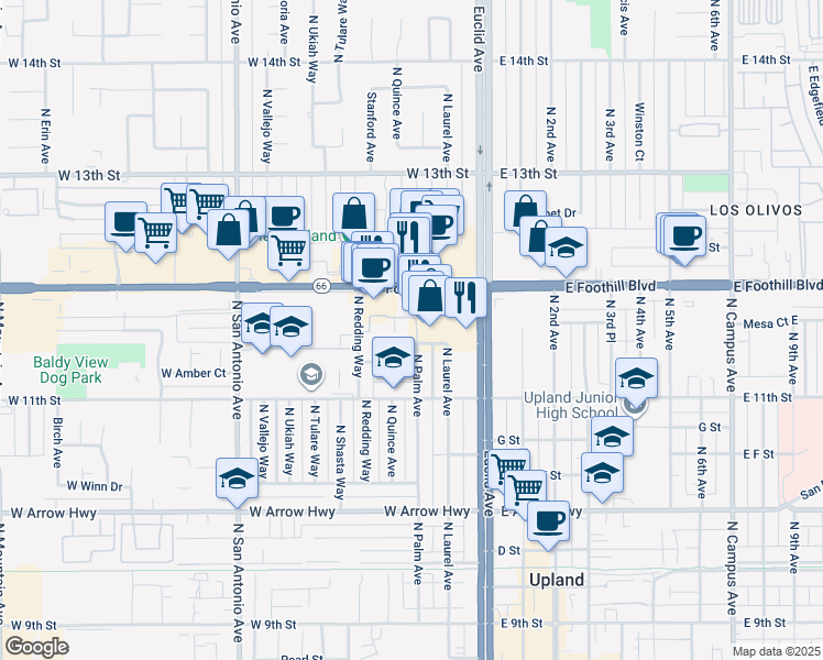 map of restaurants, bars, coffee shops, grocery stores, and more near 922 North Redding Way in Upland
