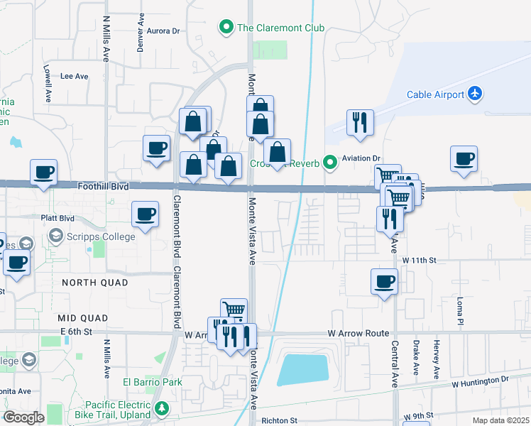 map of restaurants, bars, coffee shops, grocery stores, and more near 936 Monte Vista Avenue in Upland
