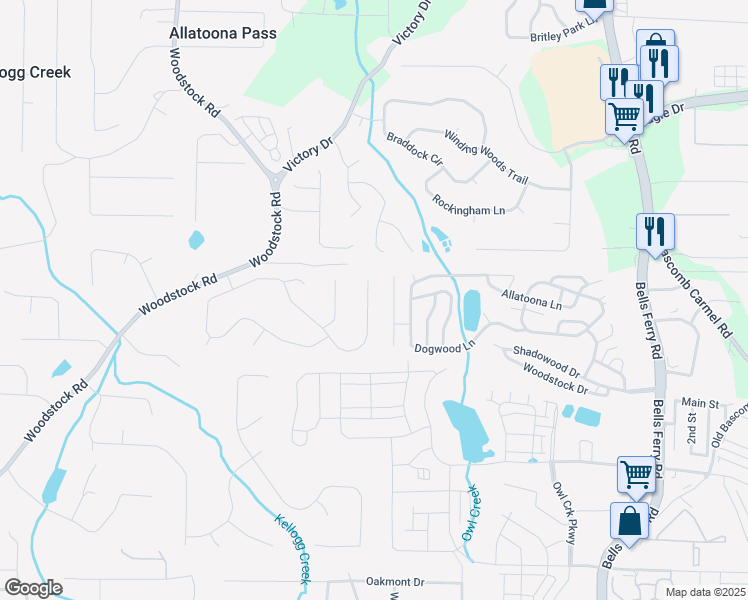 map of restaurants, bars, coffee shops, grocery stores, and more near 2058 Queensbury Drive in Acworth