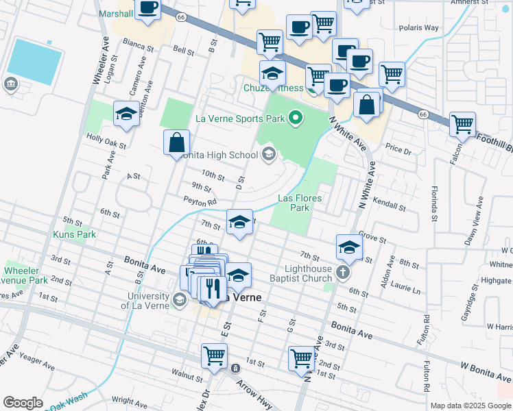 map of restaurants, bars, coffee shops, grocery stores, and more near 2914 Peyton Road in La Verne