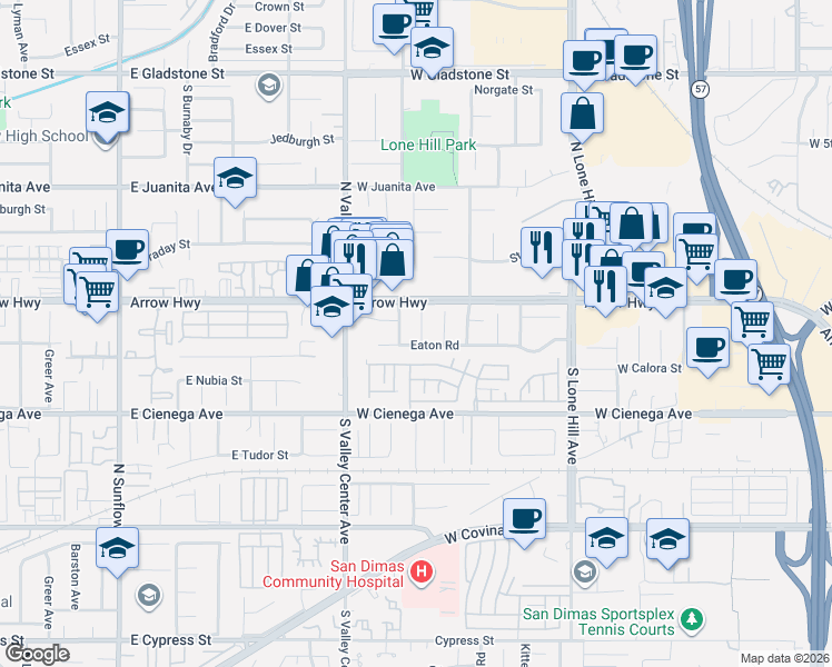 map of restaurants, bars, coffee shops, grocery stores, and more near 150 Ingleton Avenue in San Dimas