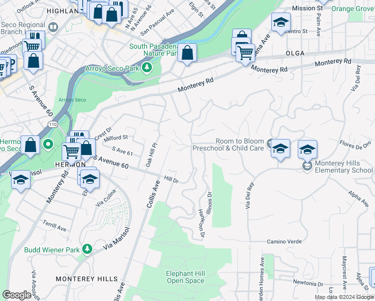 map of restaurants, bars, coffee shops, grocery stores, and more near 1701 Hill Drive in South Pasadena
