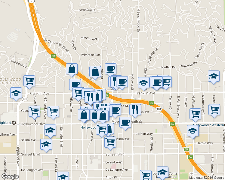 map of restaurants, bars, coffee shops, grocery stores, and more near 6211 Franklin Avenue in Los Angeles