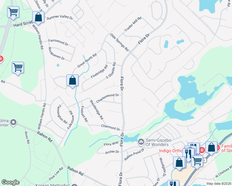map of restaurants, bars, coffee shops, grocery stores, and more near 113 Charleswood Drive in Columbia