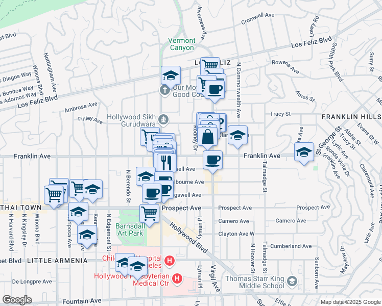 map of restaurants, bars, coffee shops, grocery stores, and more near 4555 Franklin Avenue in Los Angeles