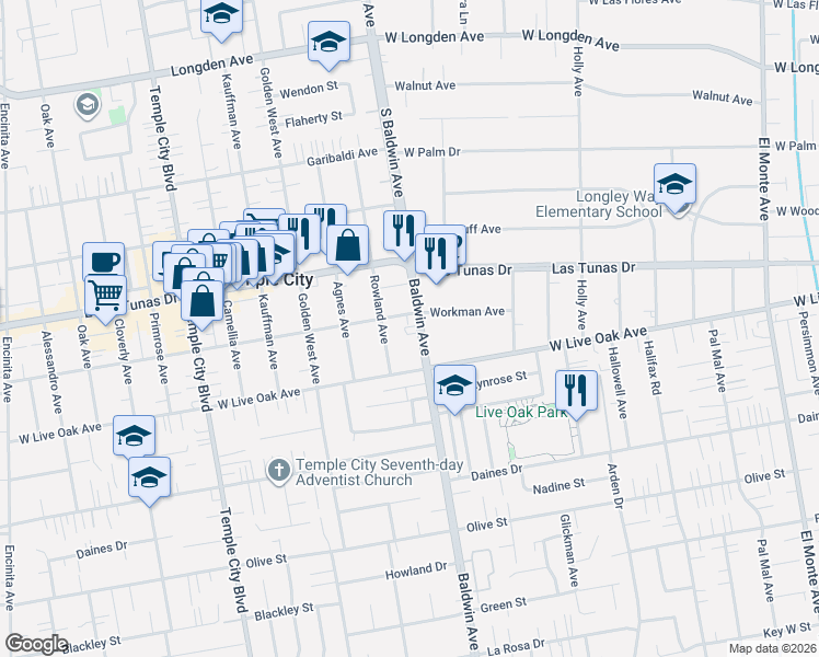 map of restaurants, bars, coffee shops, grocery stores, and more near 2812 South Baldwin Avenue in Arcadia