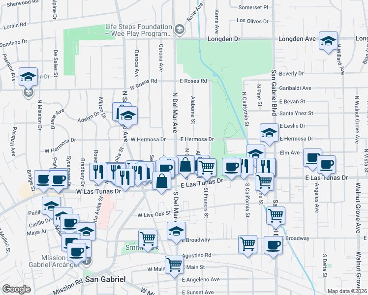 map of restaurants, bars, coffee shops, grocery stores, and more near 233 North Cresta Avenue in San Gabriel
