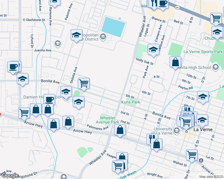 map of restaurants, bars, coffee shops, grocery stores, and more near 1425 5th Street in La Verne