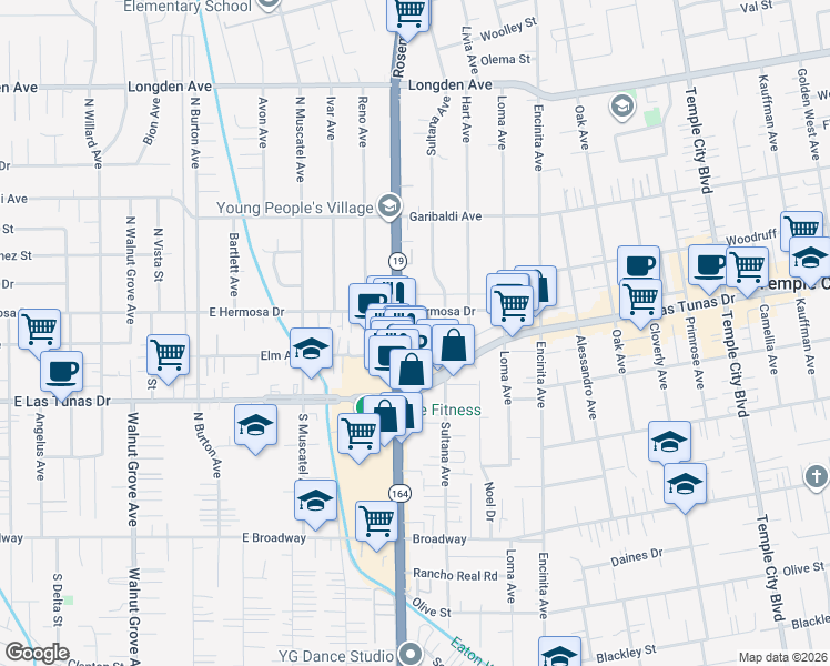 map of restaurants, bars, coffee shops, grocery stores, and more near 5823 Myda Avenue in Temple City