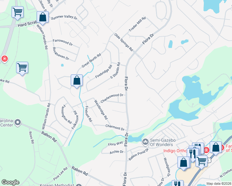 map of restaurants, bars, coffee shops, grocery stores, and more near 113 Charleswood Drive in Columbia