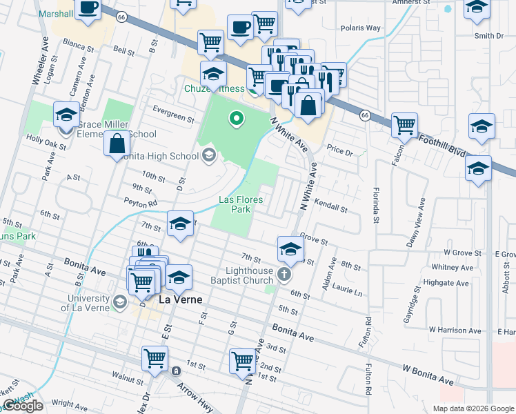 map of restaurants, bars, coffee shops, grocery stores, and more near 2355 Pepper Street in La Verne