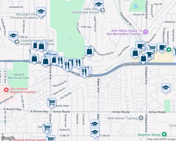 map of restaurants, bars, coffee shops, grocery stores, and more near 8348-8398 Foothill Blvd in Rancho Cucamonga