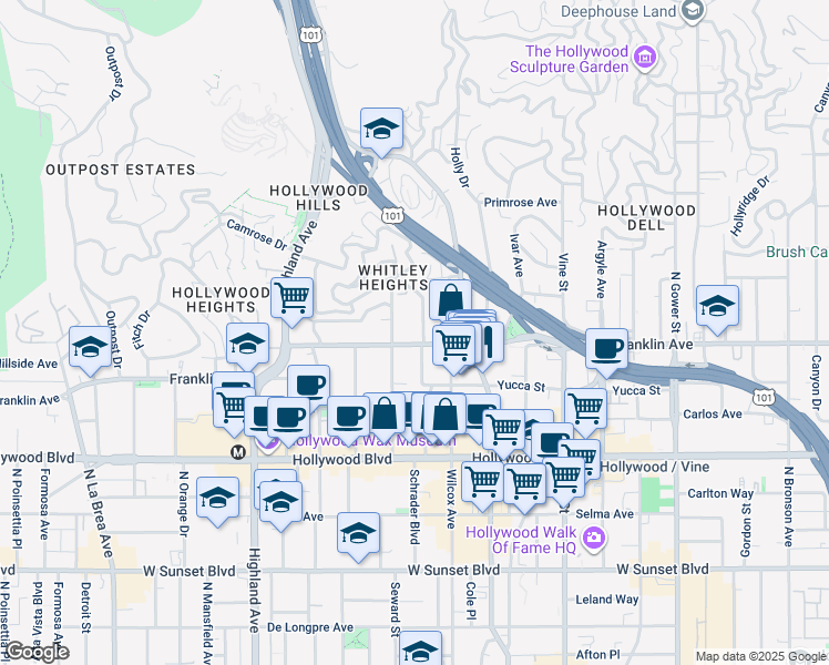 map of restaurants, bars, coffee shops, grocery stores, and more near 6543 Franklin Avenue in Los Angeles