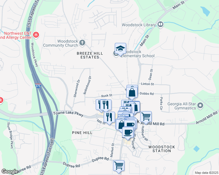 map of restaurants, bars, coffee shops, grocery stores, and more near 100 Clay Street in Woodstock