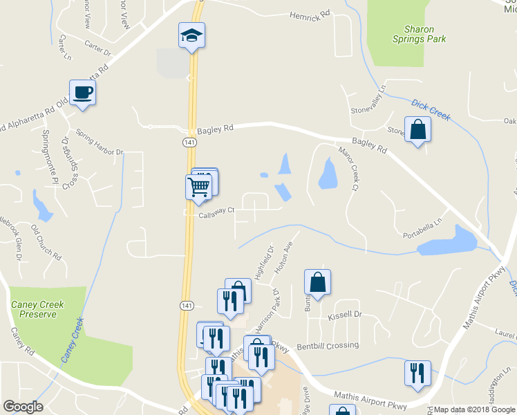 map of restaurants, bars, coffee shops, grocery stores, and more near 2610 Winfield Court in Cumming