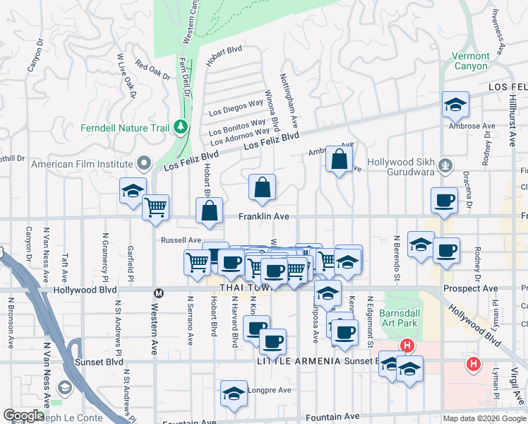 map of restaurants, bars, coffee shops, grocery stores, and more near 5163 Franklin Avenue in Los Angeles