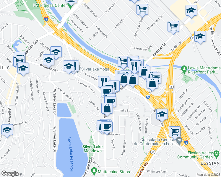 map of restaurants, bars, coffee shops, grocery stores, and more near 2601 Locksley Place in Los Angeles