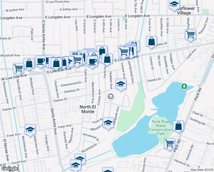 map of restaurants, bars, coffee shops, grocery stores, and more near 5522 Farna Avenue in Arcadia