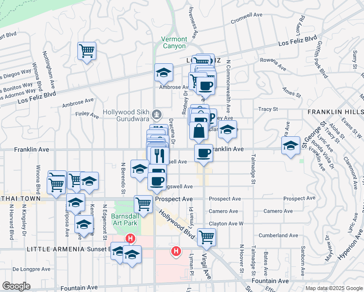 map of restaurants, bars, coffee shops, grocery stores, and more near 4555 Franklin Avenue in Los Angeles