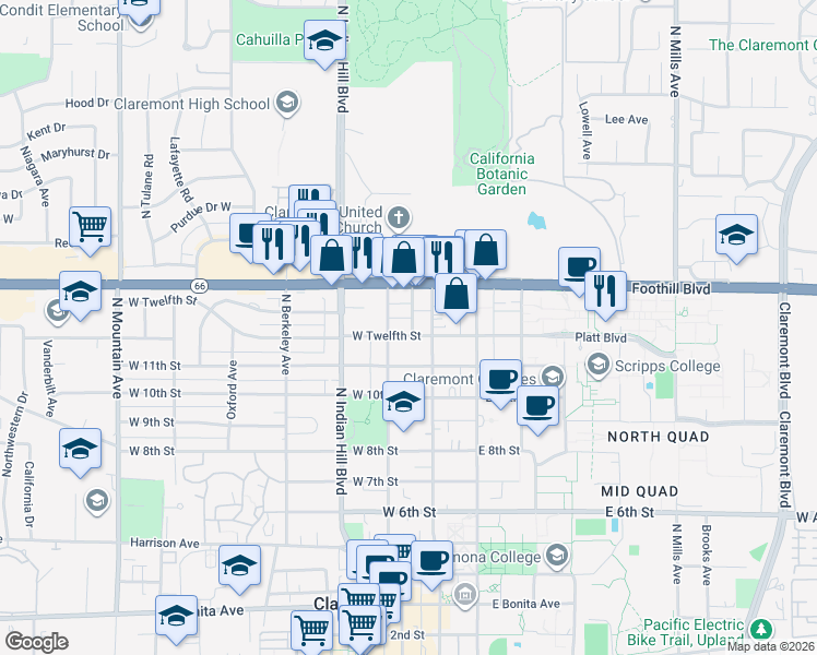 map of restaurants, bars, coffee shops, grocery stores, and more near 1207 Harvard Avenue North in Claremont