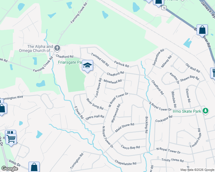 map of restaurants, bars, coffee shops, grocery stores, and more near 107 Temple Walk Road in Irmo