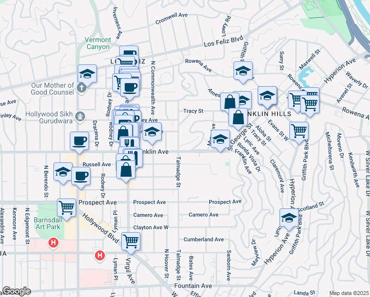 map of restaurants, bars, coffee shops, grocery stores, and more near 4249 Franklin Avenue in Los Angeles
