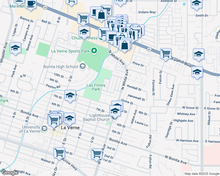 map of restaurants, bars, coffee shops, grocery stores, and more near 2962 Winfield Avenue in La Verne