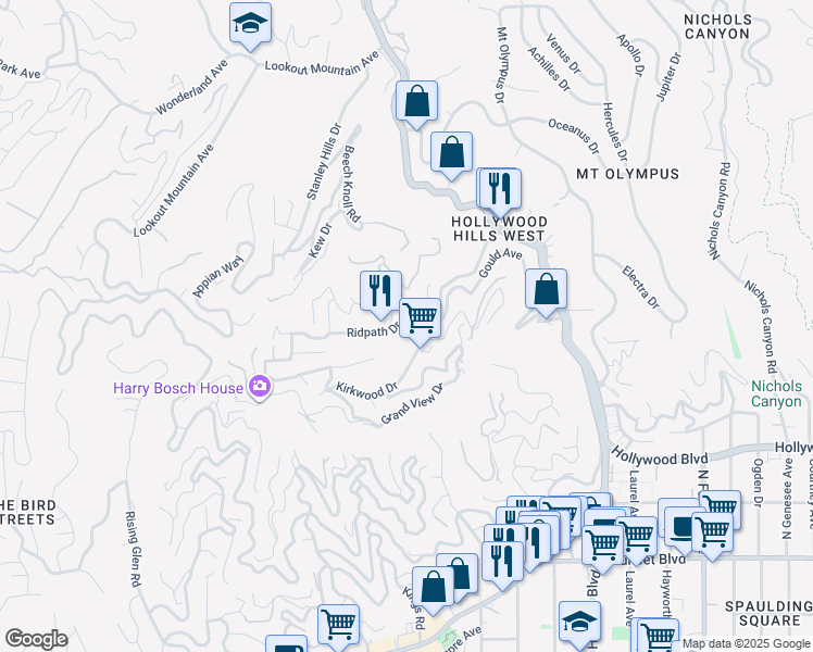 map of restaurants, bars, coffee shops, grocery stores, and more near 8326 Ridpath Drive in Los Angeles