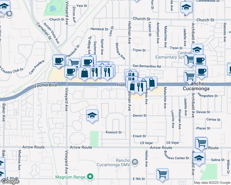 map of restaurants, bars, coffee shops, grocery stores, and more near 9181 Foothill Boulevard in Rancho Cucamonga