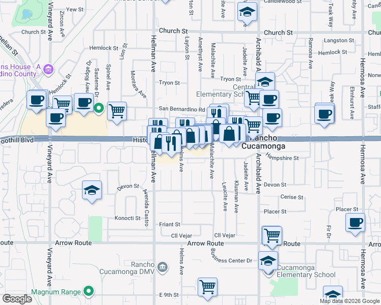 map of restaurants, bars, coffee shops, grocery stores, and more near 9457 Foothill Boulevard in Rancho Cucamonga