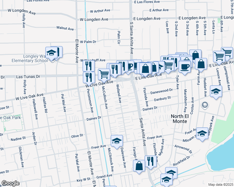map of restaurants, bars, coffee shops, grocery stores, and more near 5615 Welland Avenue in Temple City