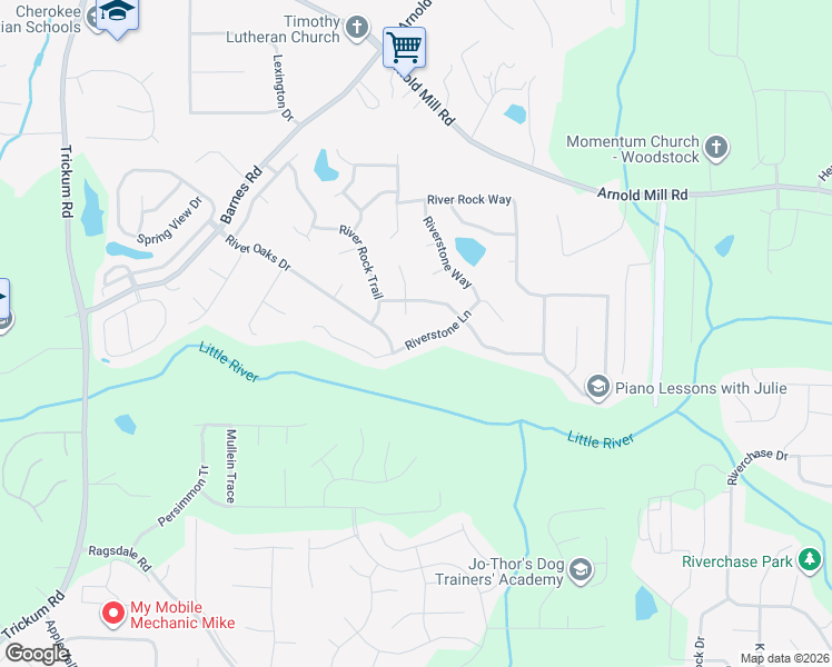map of restaurants, bars, coffee shops, grocery stores, and more near 829 Riverstone Lane in Woodstock